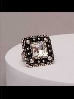 Silver-Tone Square Cocktail Ring with Clear Stone